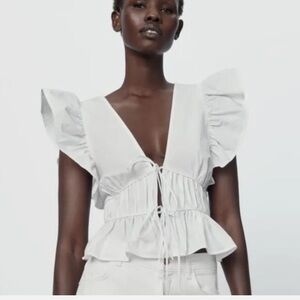 Zara White Cotton Poplin Flutter Sleeve Tie-Front Women's Top M